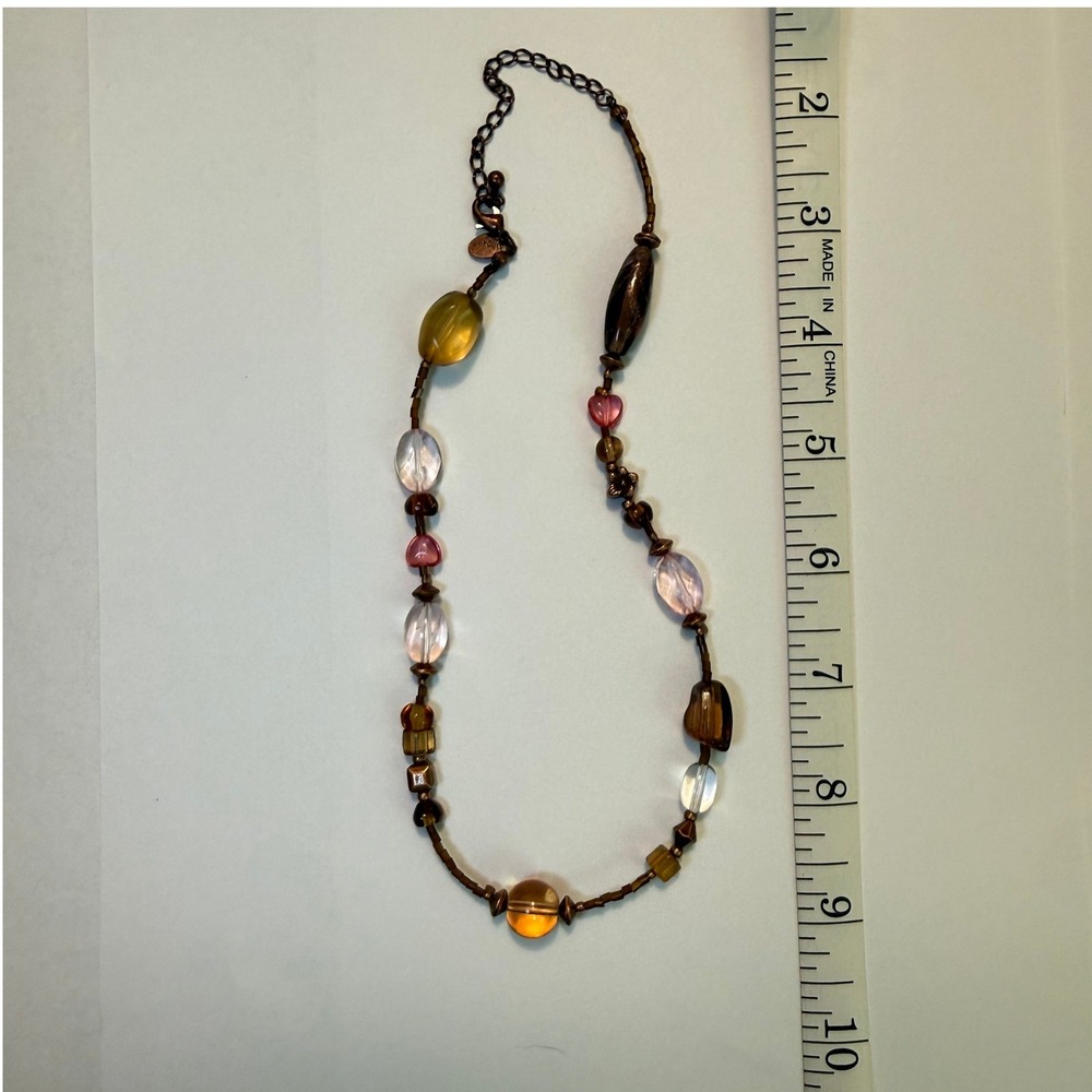 Lia Sophia Beaded Necklace Amber Pink Earth Tone Copper Tone Boho Adjustable